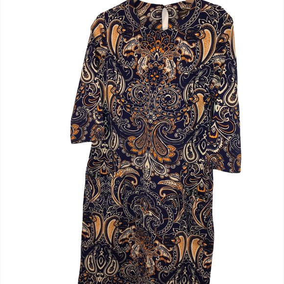 J. McLaughlin NEW blue orange paisley jersey knit shift dress L 40" bust POCKETS